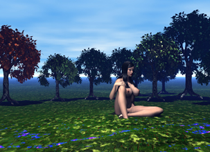 A nude woman in a blue hued forrest